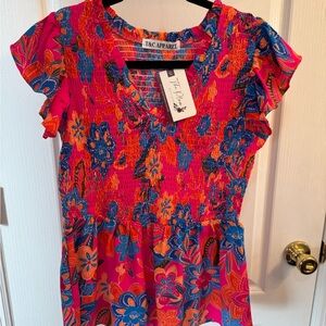 Vibrant Smocked Floral Blouse - Pink and Blue